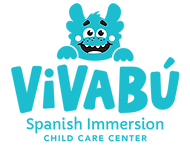 Vivabú Spanish Immersion Child Care Center logo with teal cartoon monster and text on white background
