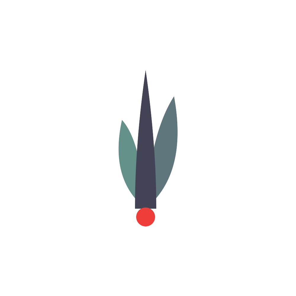 Abstract logo with teal and dark gray leaf-like shapes above a small red circle on white background