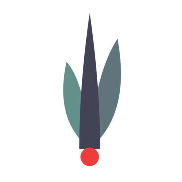 Abstract logo with teal leaves, dark central spire, and a red circle at the base.
