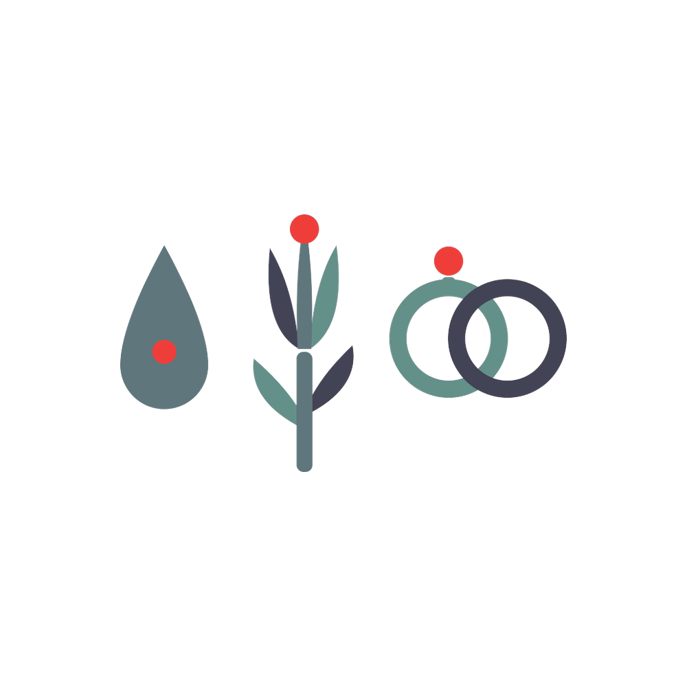 Three abstract icons: a gray droplet with red dot, a flower stem, and two overlapping rings with a red dot.