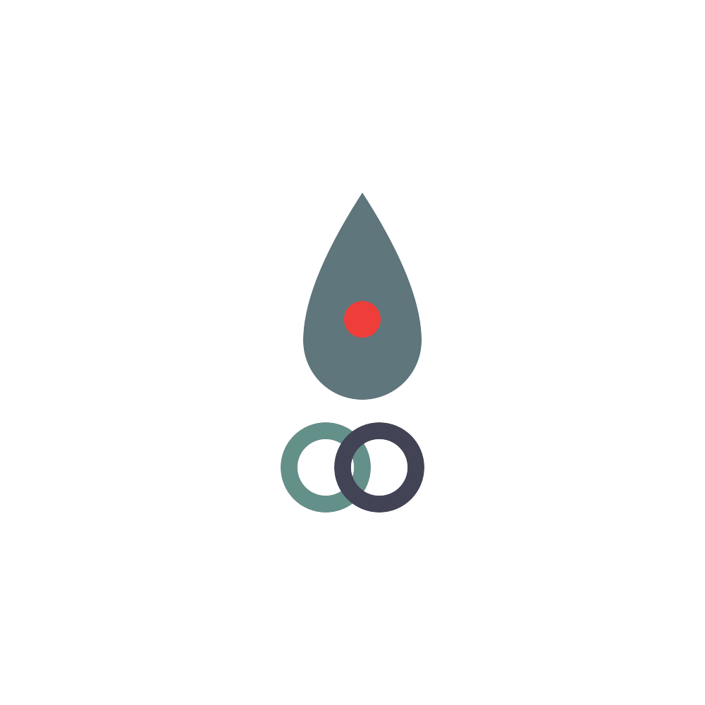 Teardrop logo with a red dot above two overlapping rings in teal and dark purple