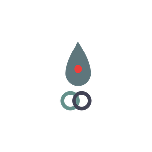 Teardrop logo with a red dot above two overlapping rings in teal and dark purple