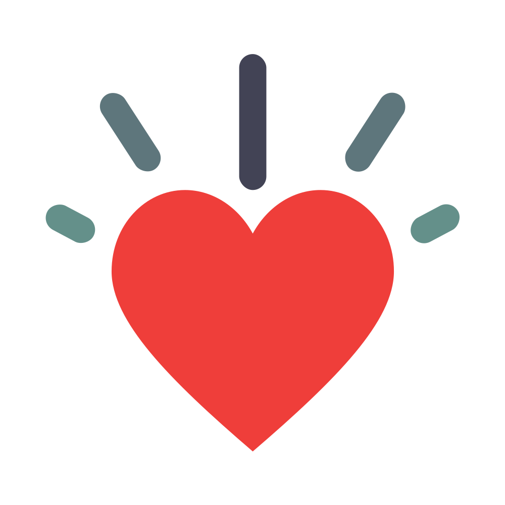 Red heart with teal and dark gray rays above it on a white background