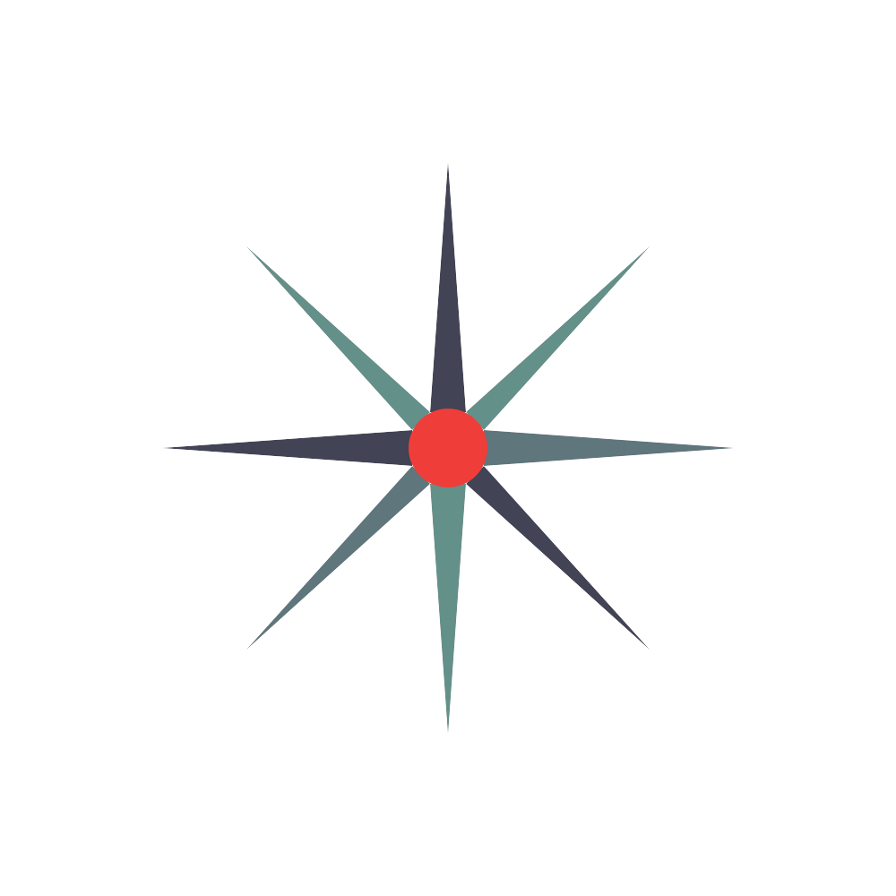 Eight-point compass star icon with gray and teal points and a red center