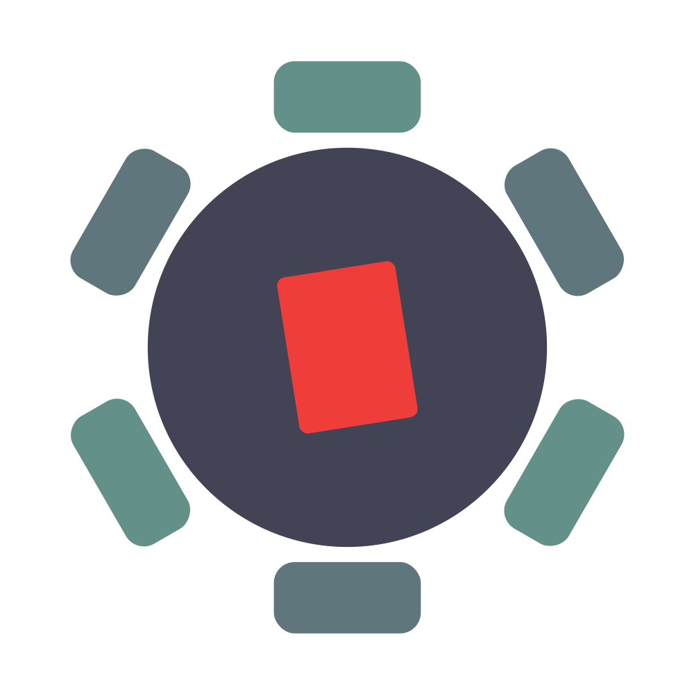 Abstract logo: dark purple circle with red tilted rectangle, surrounded by six teal rounded bars.