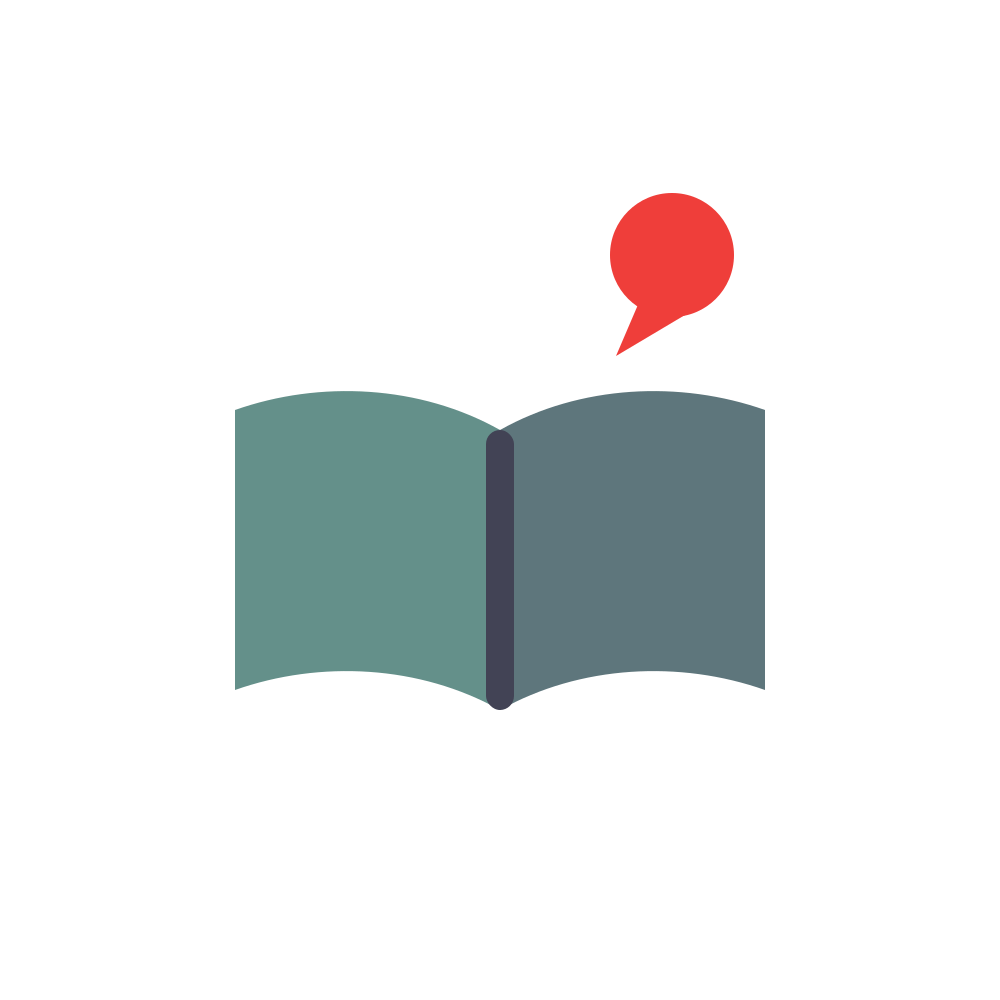 Open book icon with green pages and a red speech bubble above it