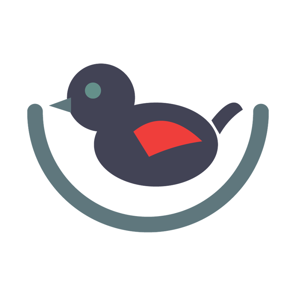 Stylized dark bird with red wing perched in a teal crescent shape