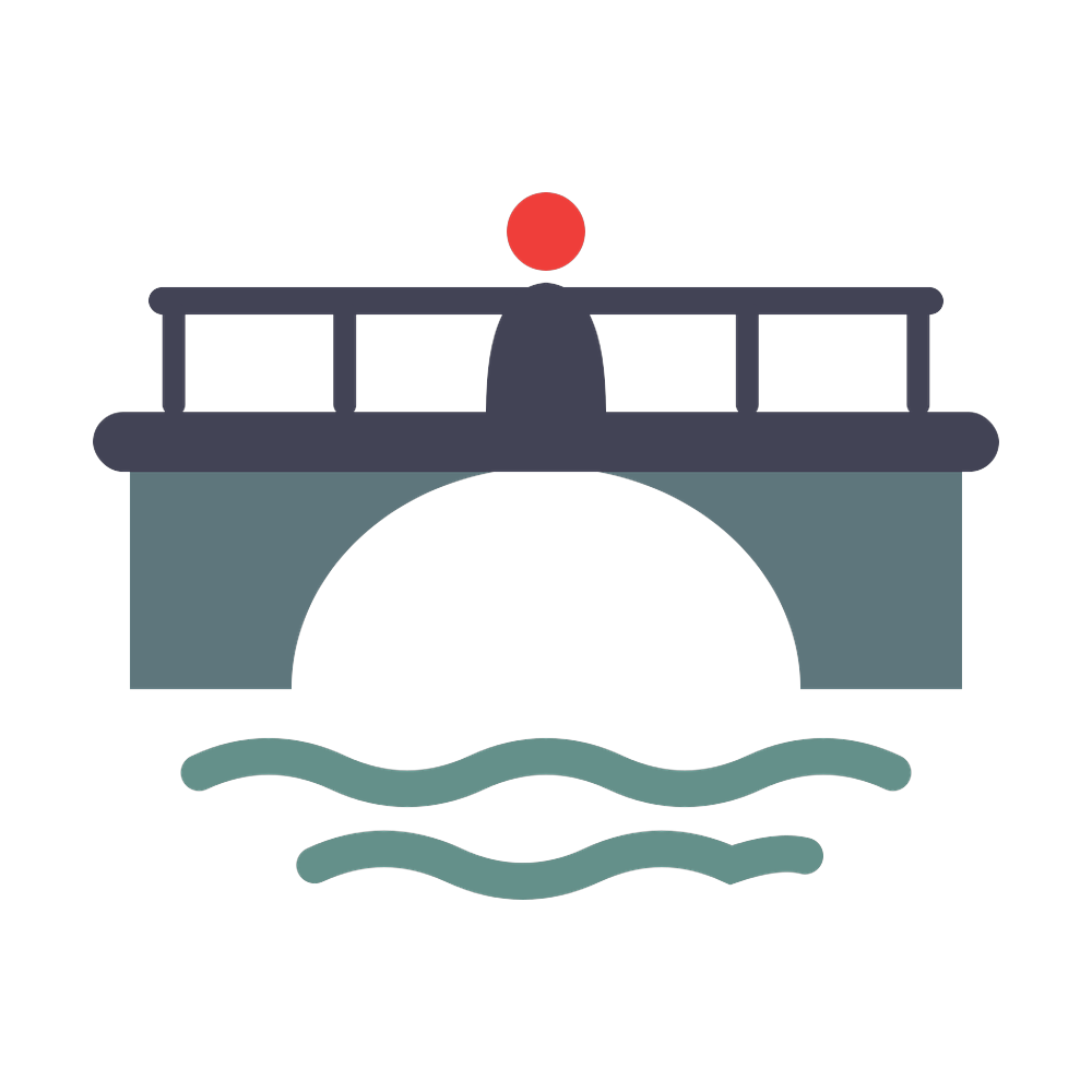 Stylized bridge icon with a red signal light above blue water waves
