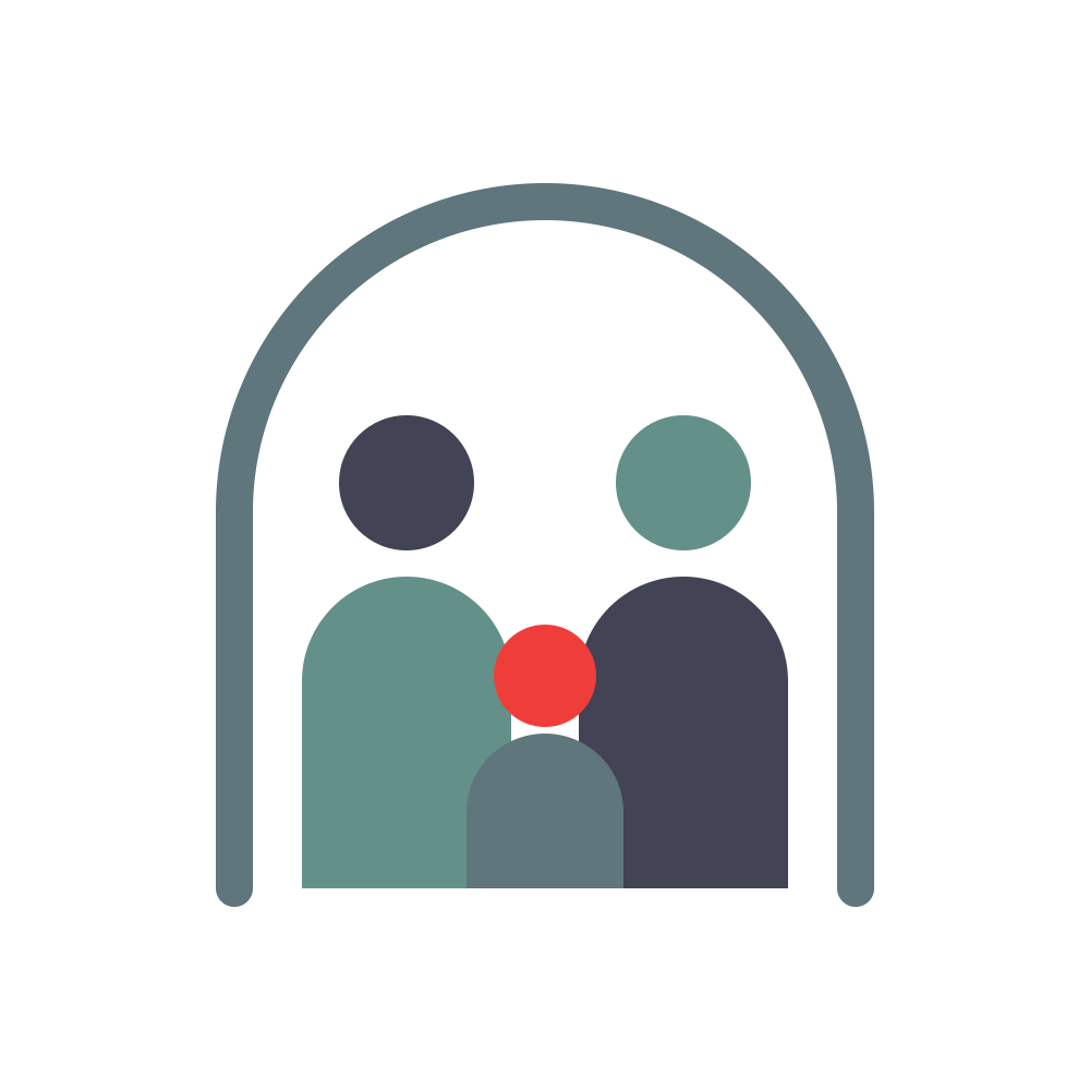 Icon of three stylized people under an arch, in muted gray, green, and dark purple with a red center dot