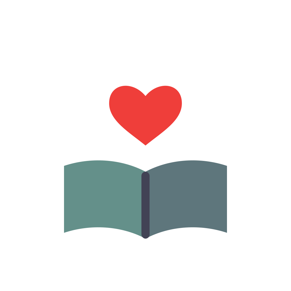 Red heart above an open teal book icon