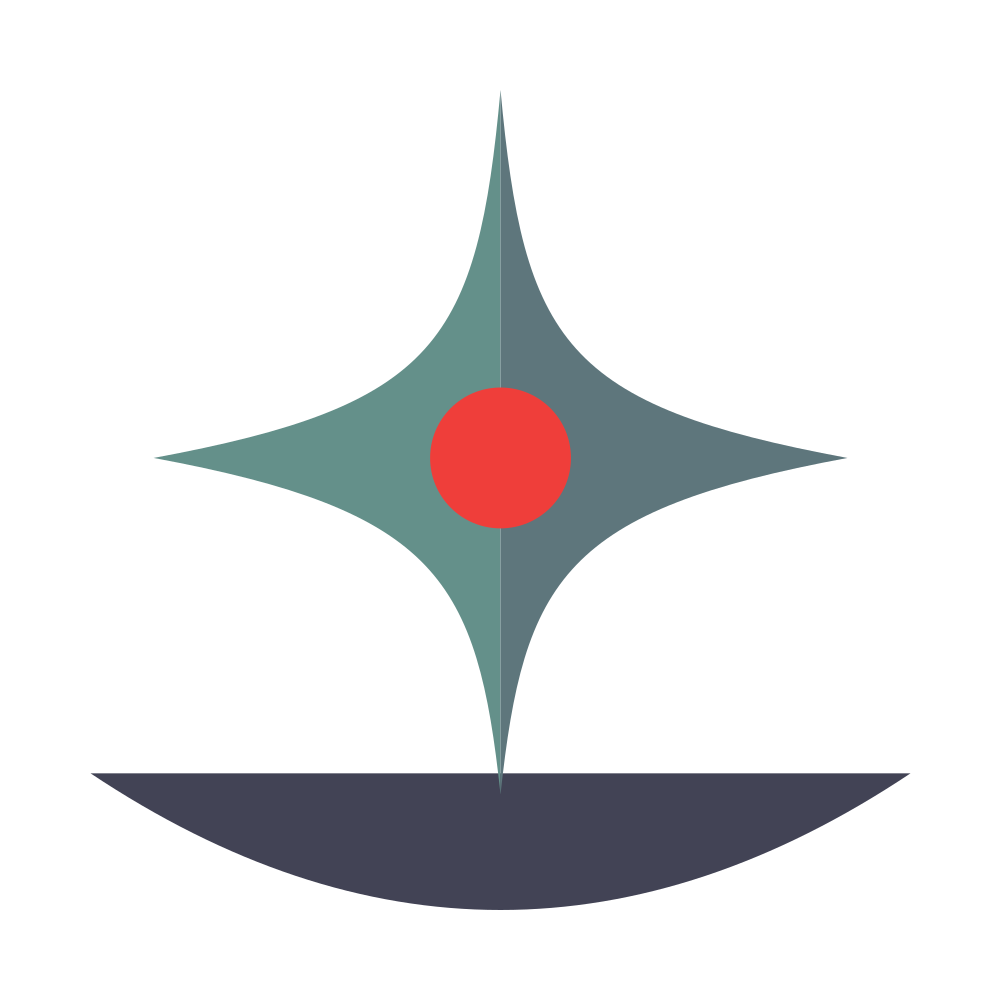 Abstract logo with a gray star-like shape, red center dot, and dark curved base on white background