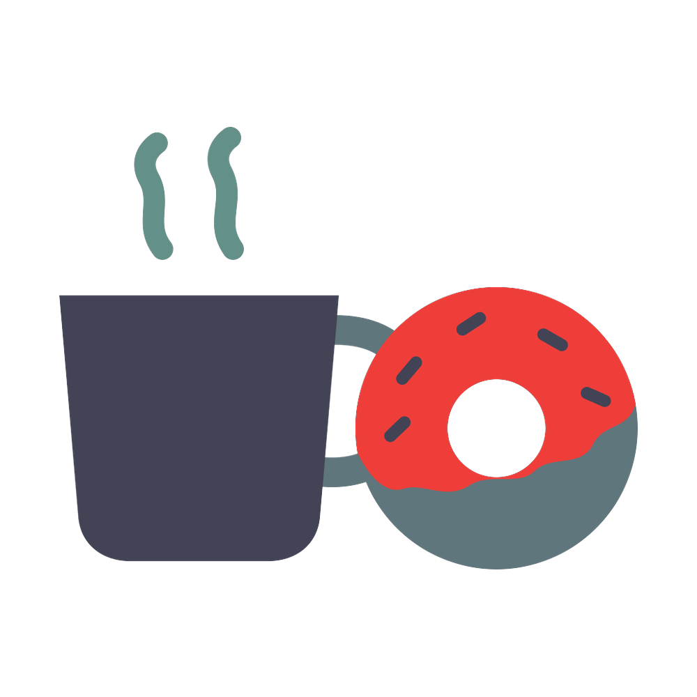 Steam rising from a dark mug beside a red frosted donut on a plate