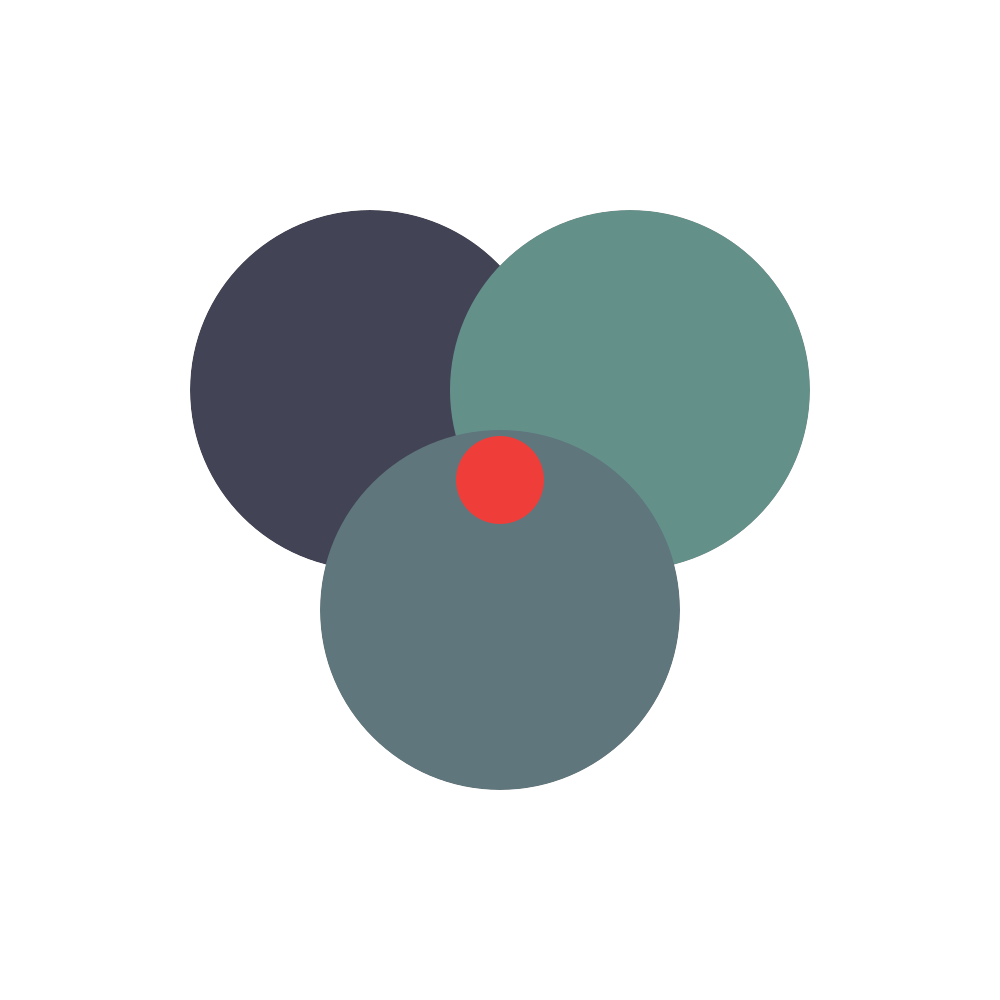 Abstract logo of three overlapping circles in dark gray, teal, and blue-gray with a small red dot