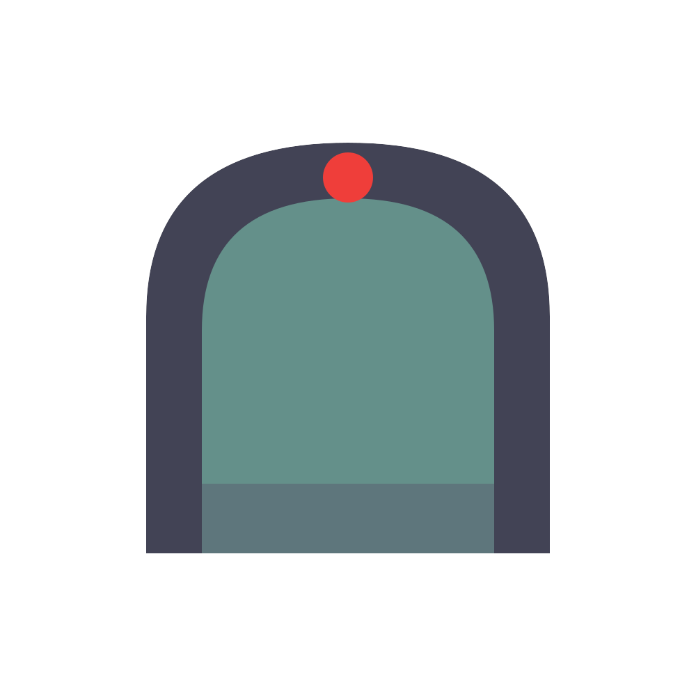 Stylized dark arch with teal center and a red dot at the top on a white background