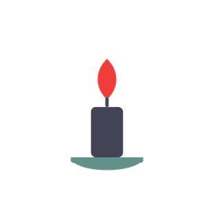 Minimalist lit candle with a red flame and dark blue holder on a small teal base