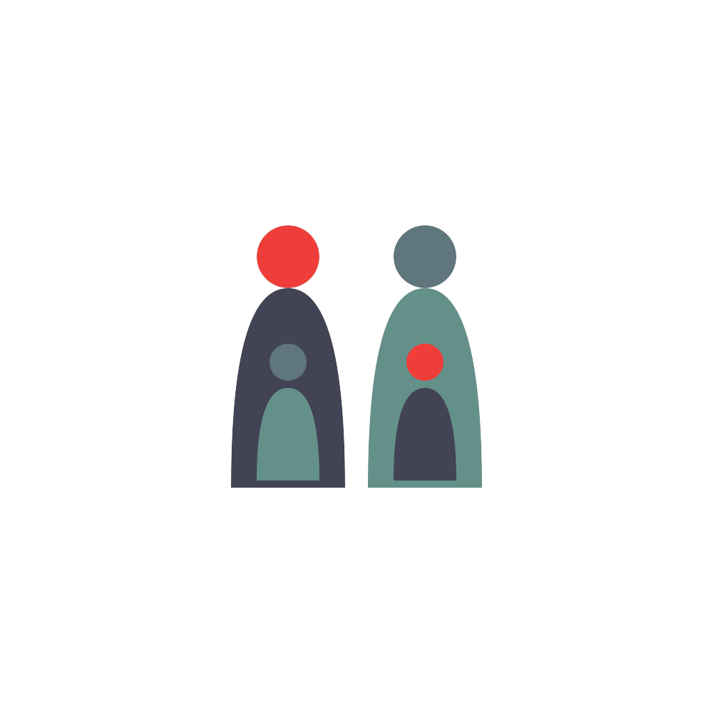 Two stylized figures in dark and teal clothing with red and gray circles above and between them