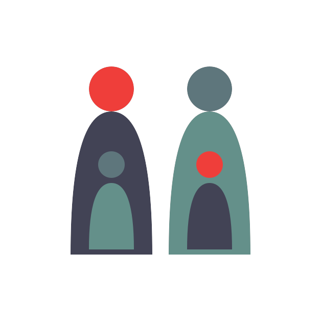 Two abstract people icons, one dark gray with a red circle head and one teal with a gray head and red chest circle.