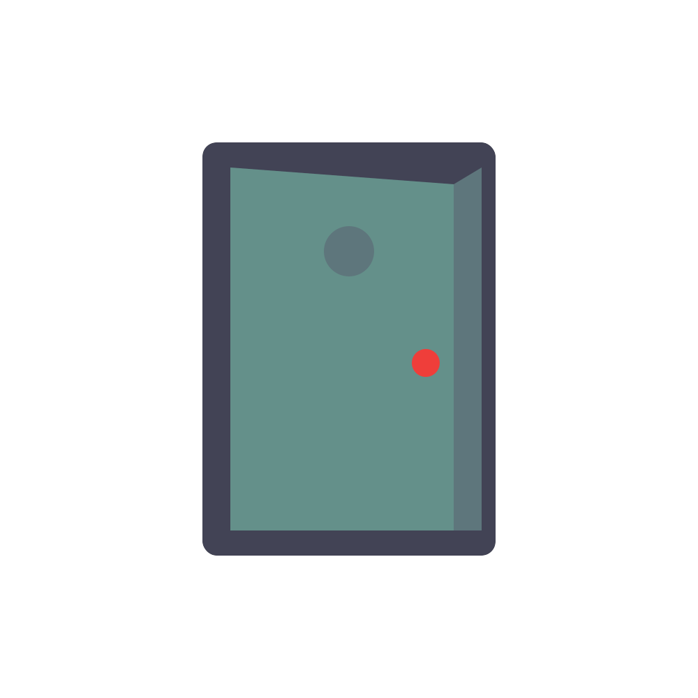 Simple illustrated teal door with a dark frame, peephole, and red doorknob.