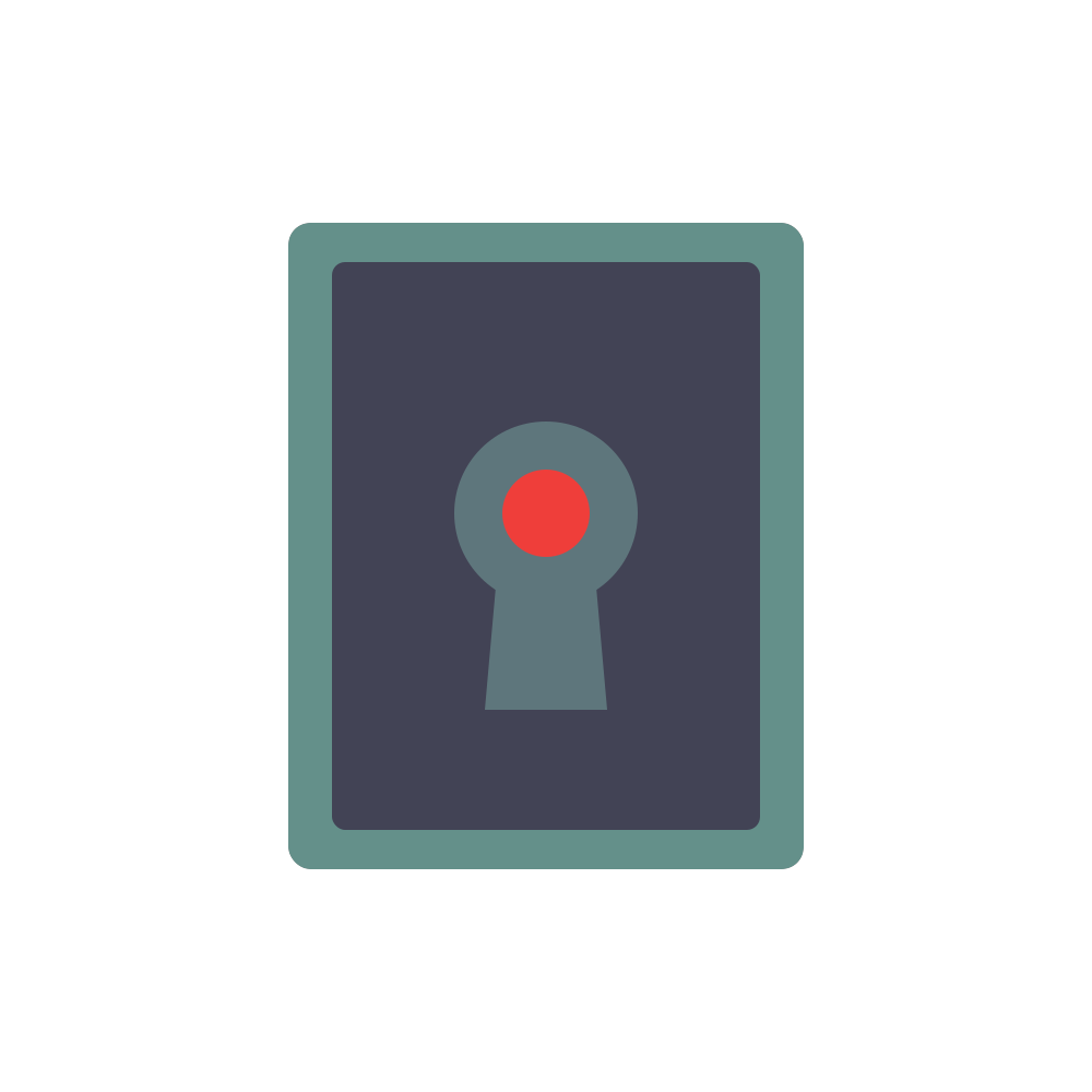 Stylized gray safe door with teal frame and red keyhole