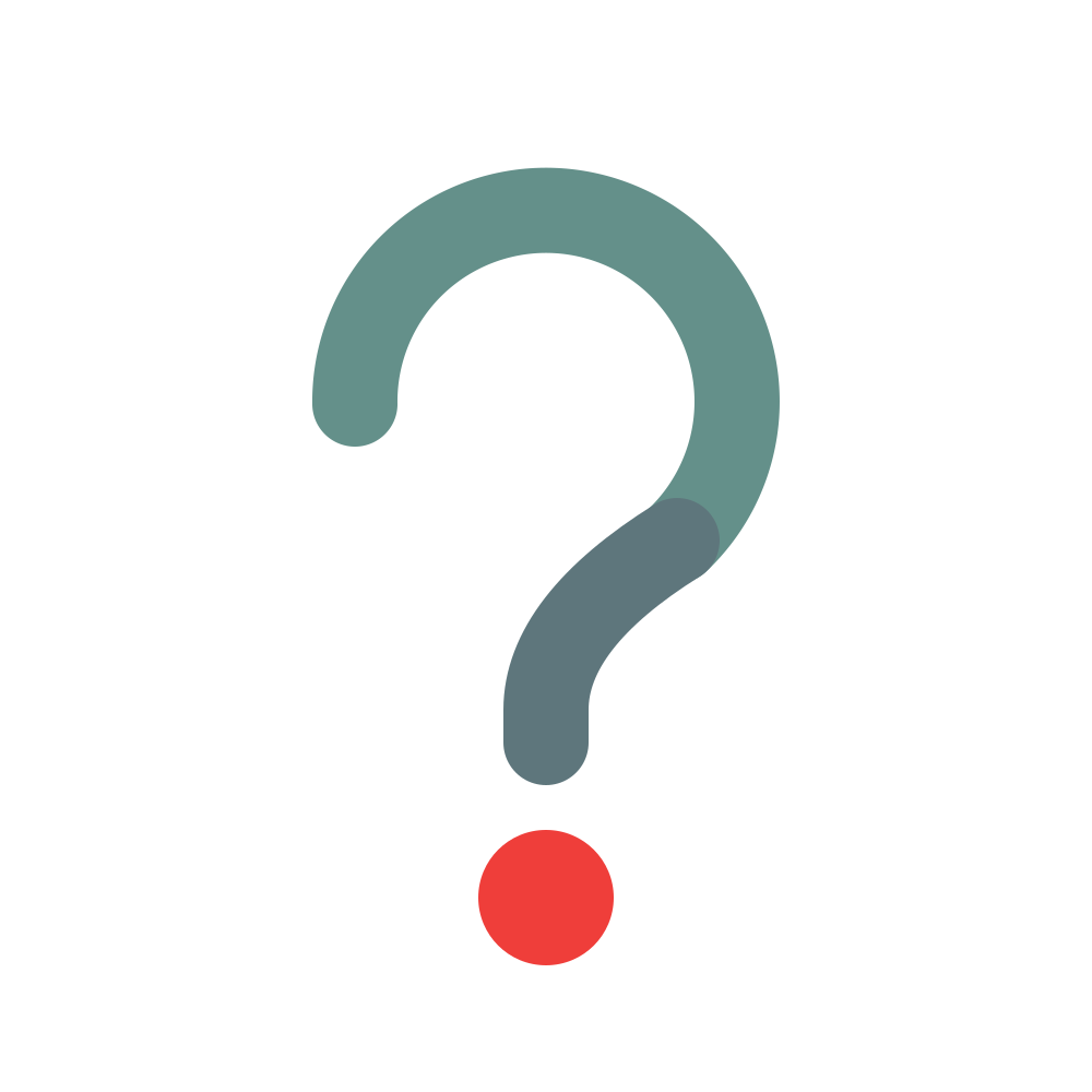 Teal question mark with a red dot beneath it on a white background