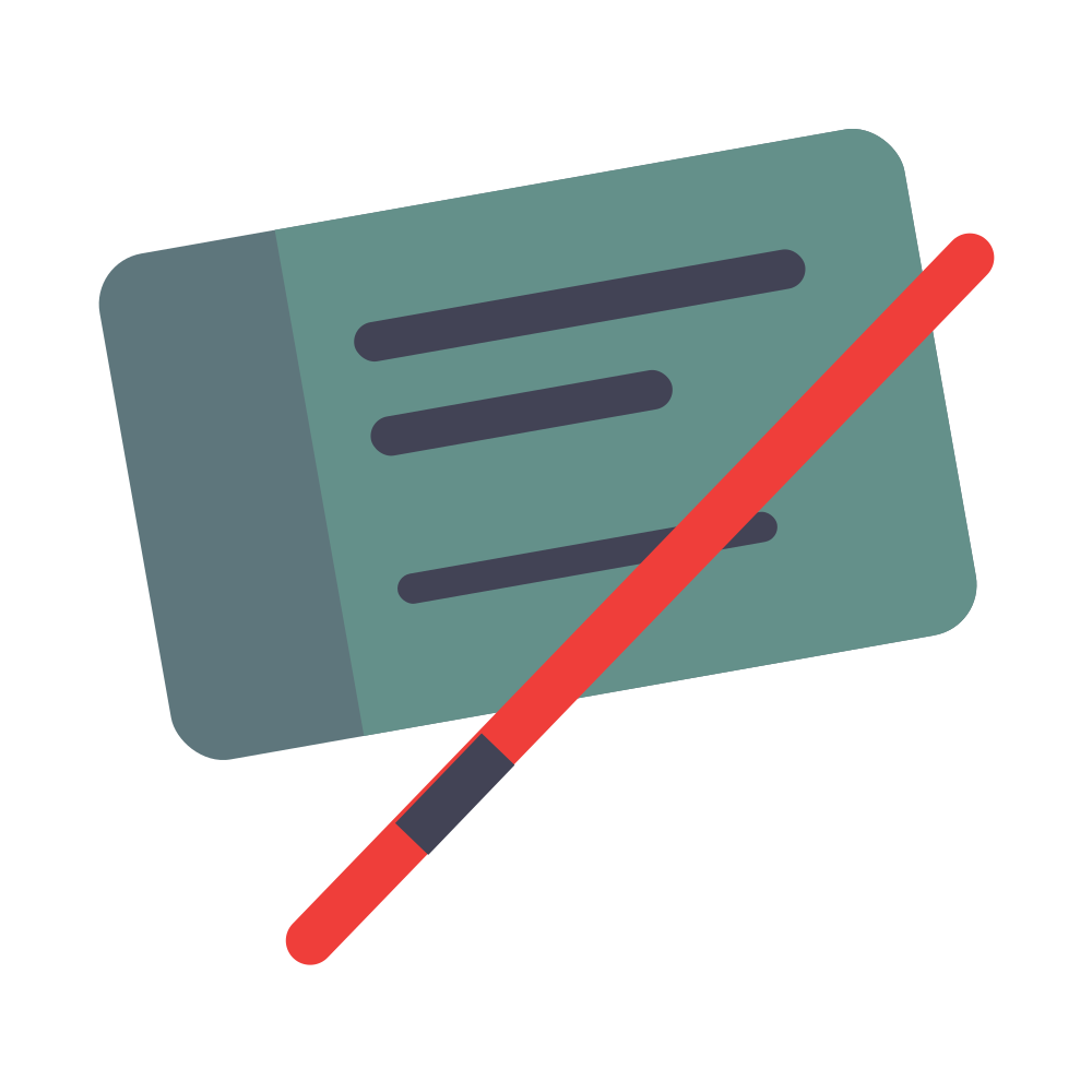 Muted green ticket with dark lines crossed out by a red slash line