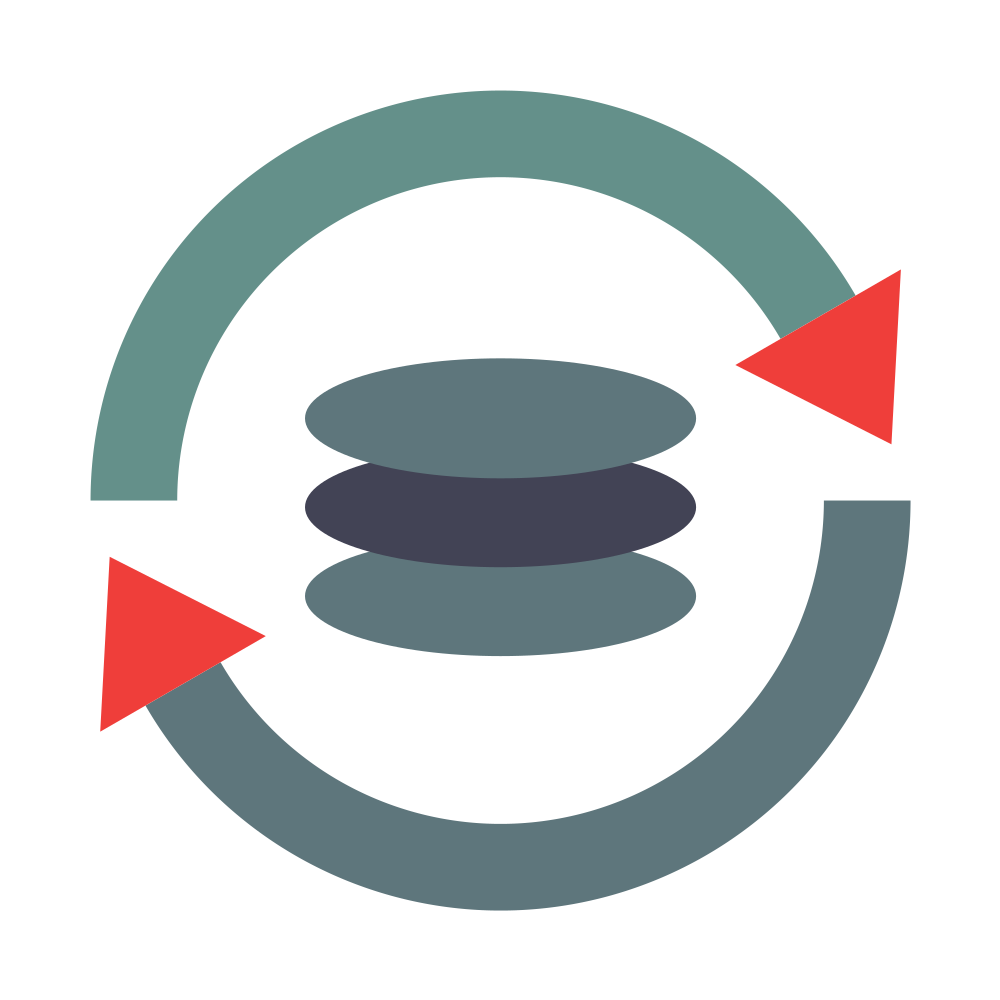 Circular sync icon with teal arrows around stacked gray disks and red arrowheads