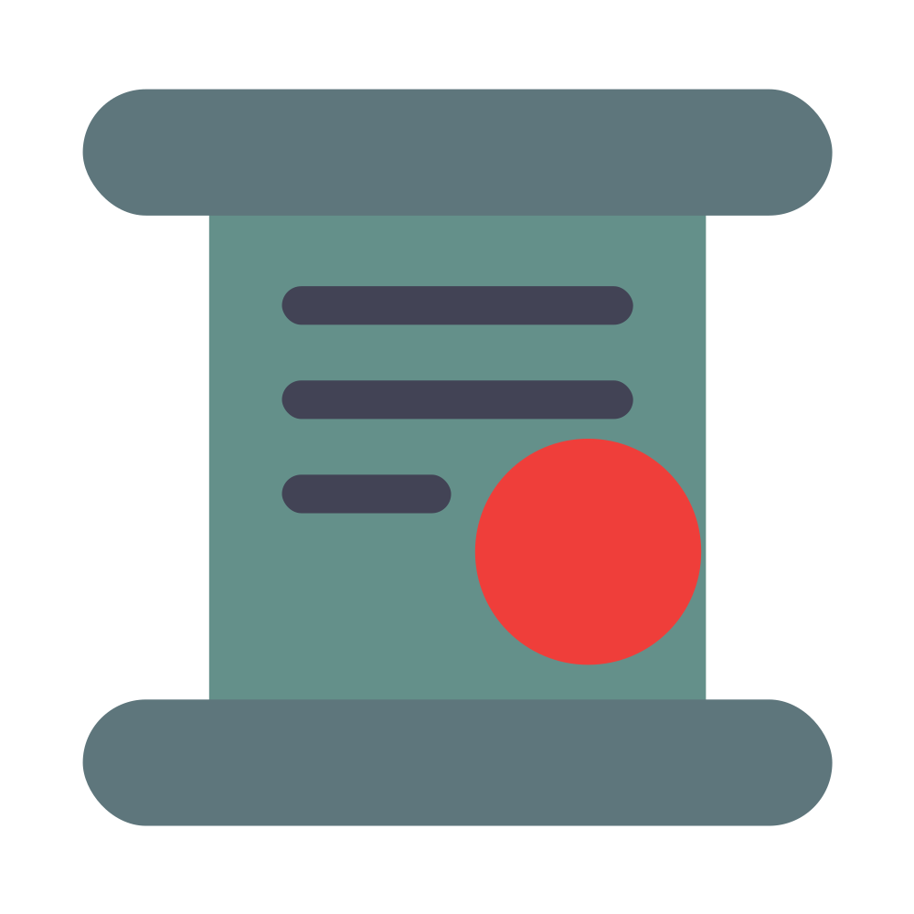 Stylized teal scroll with gray ends, dark text lines, and a red seal