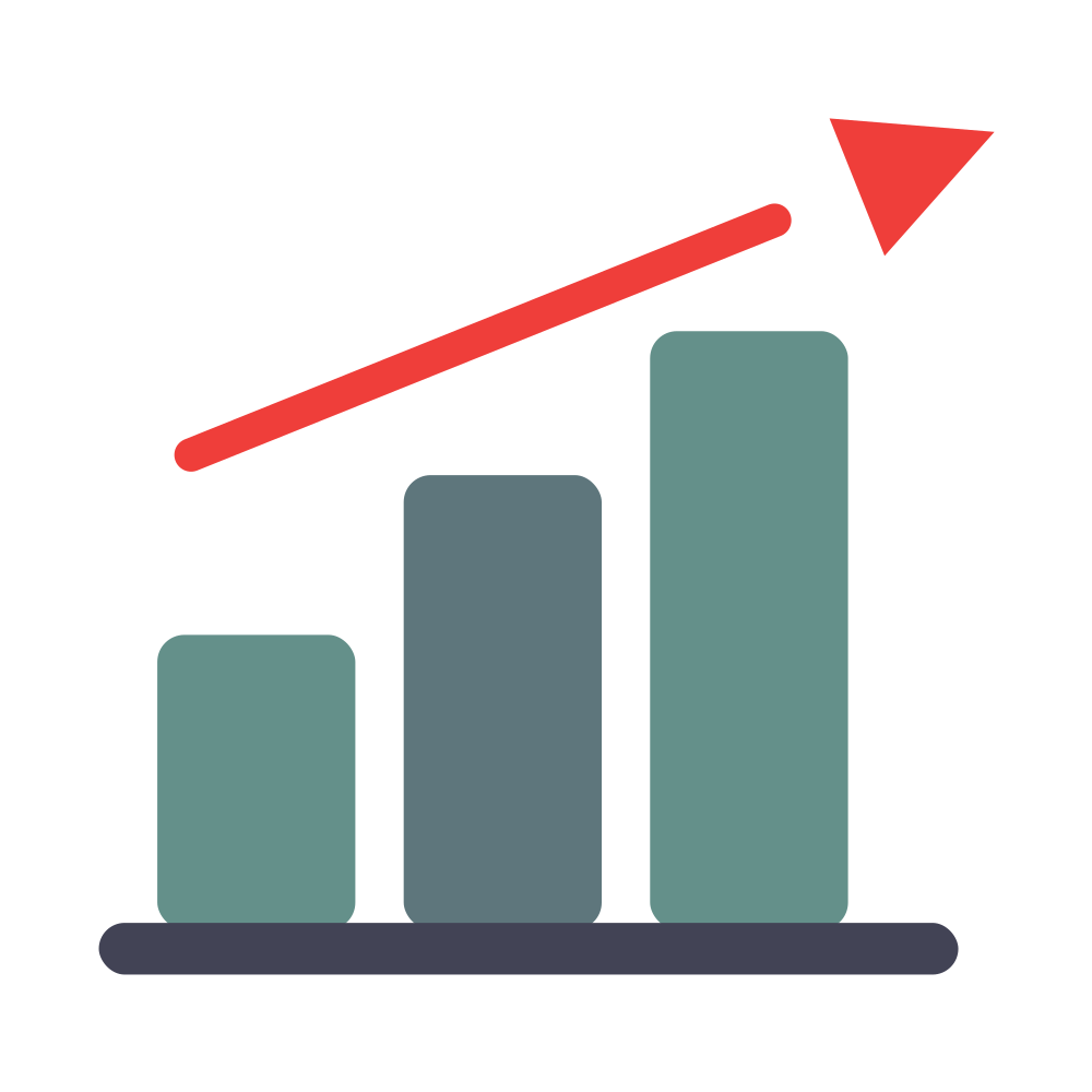 Three rising bars with a red upward arrow, showing growth or increasing performance.