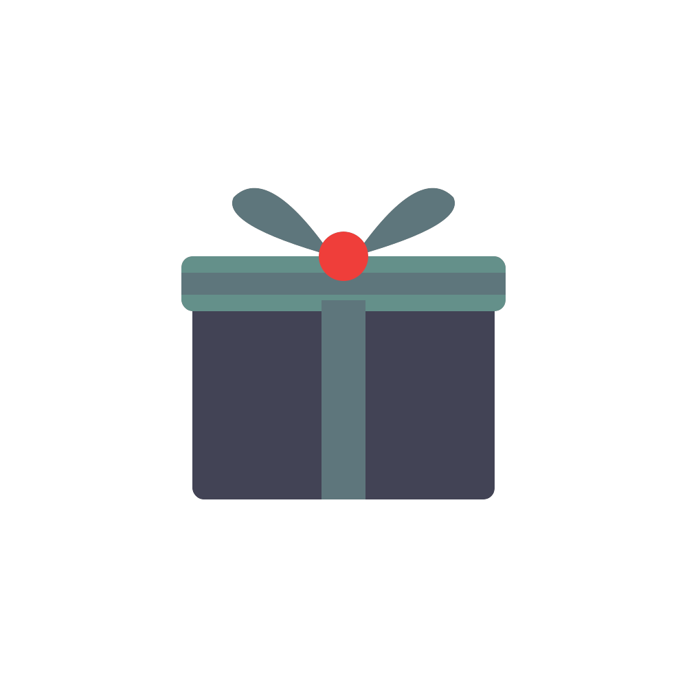 Wrapped gift box with teal ribbon and red bow on a white background