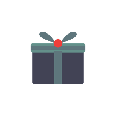 Wrapped gift box with dark navy body, teal ribbon, red bow, and gray paper wings on top