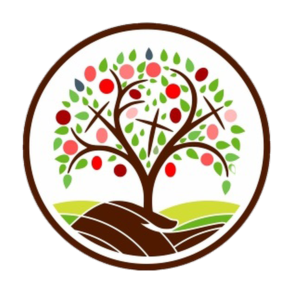 Stylized tree with red and green leaves growing from brown soil inside a circular border