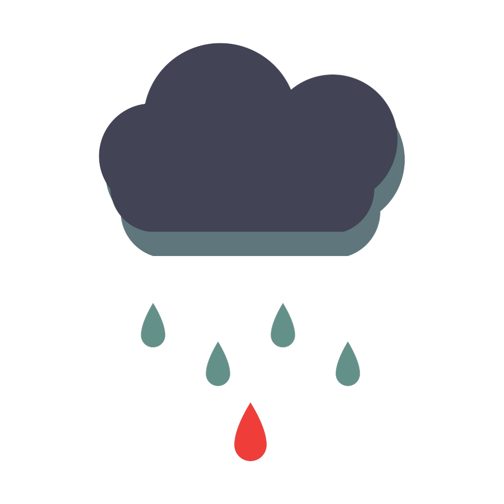 Dark cloud with raindrops, including one red drop, on a white background