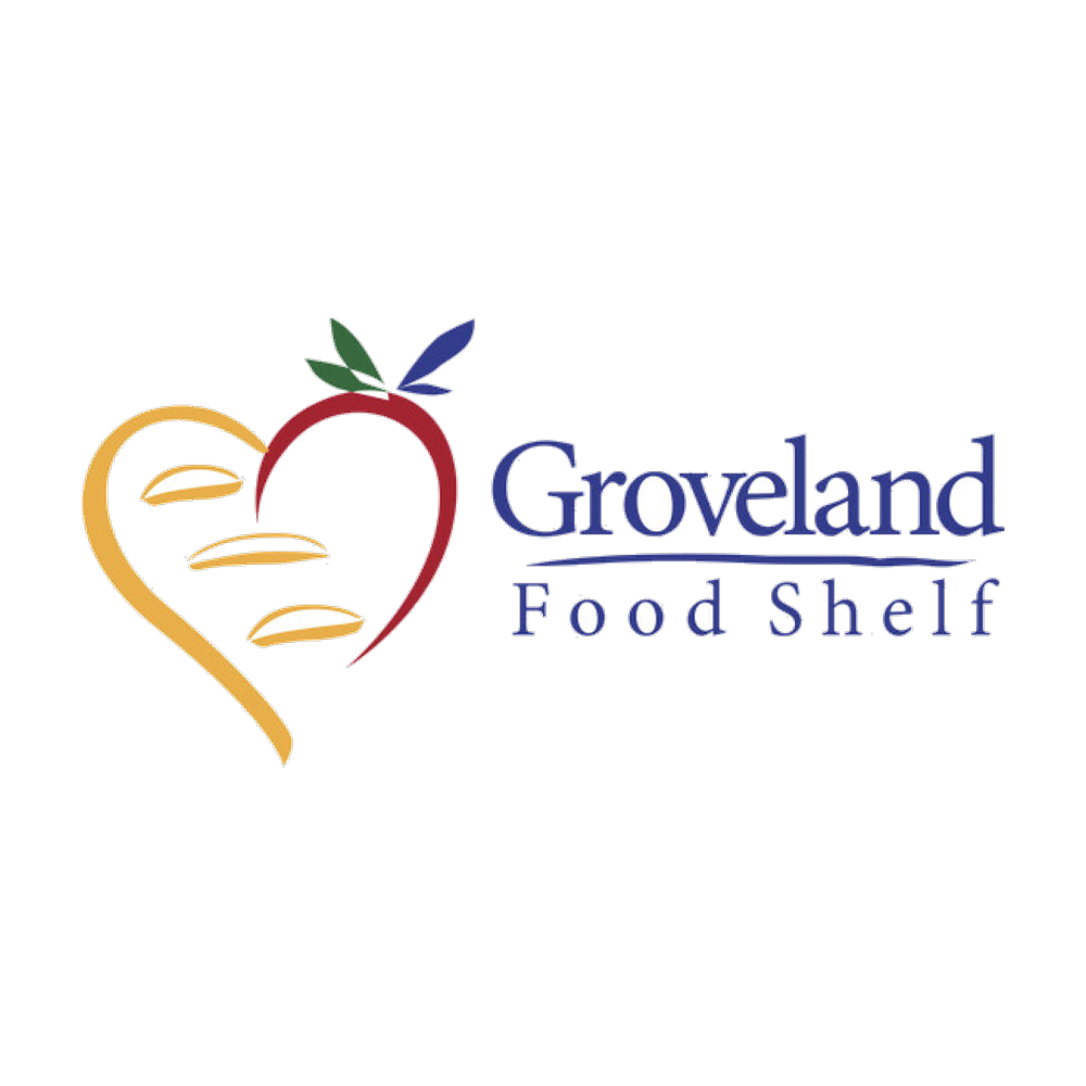 Groveland Food Shelf logo with a stylized heart-shaped vegetable in red, gold, and green-blue accents
