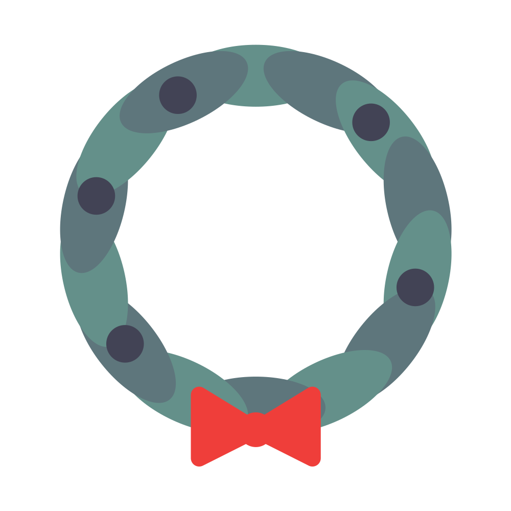 Green holiday wreath with dark berries and a red bow on a white background