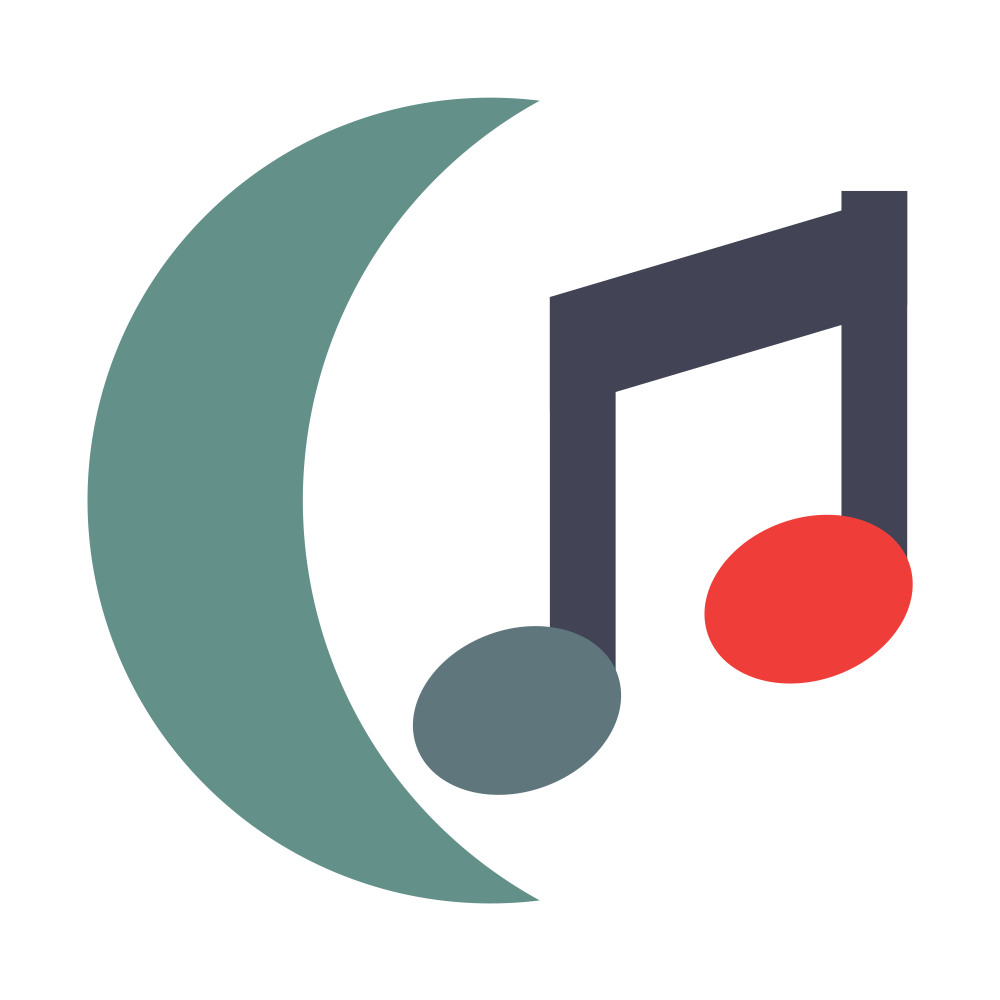 Stylized music note icon with teal crescent and dark gray notes with red and gray circles