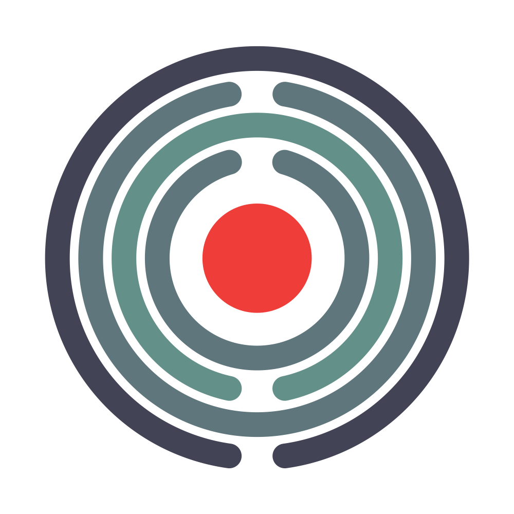 Abstract circular logo with concentric gray rings and a red center dot on a white background