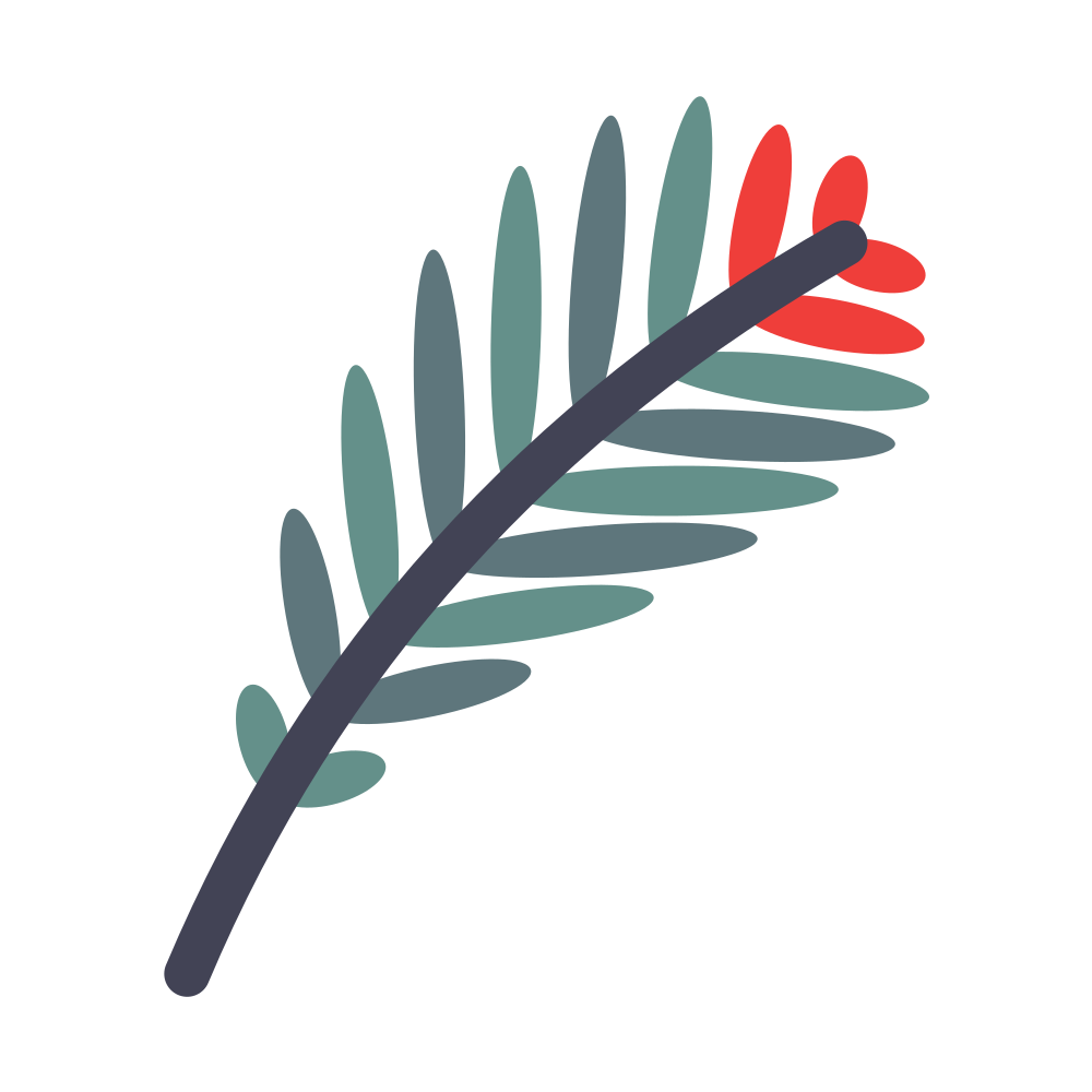 Stylized leafy branch with green fronds and red tips on a white background