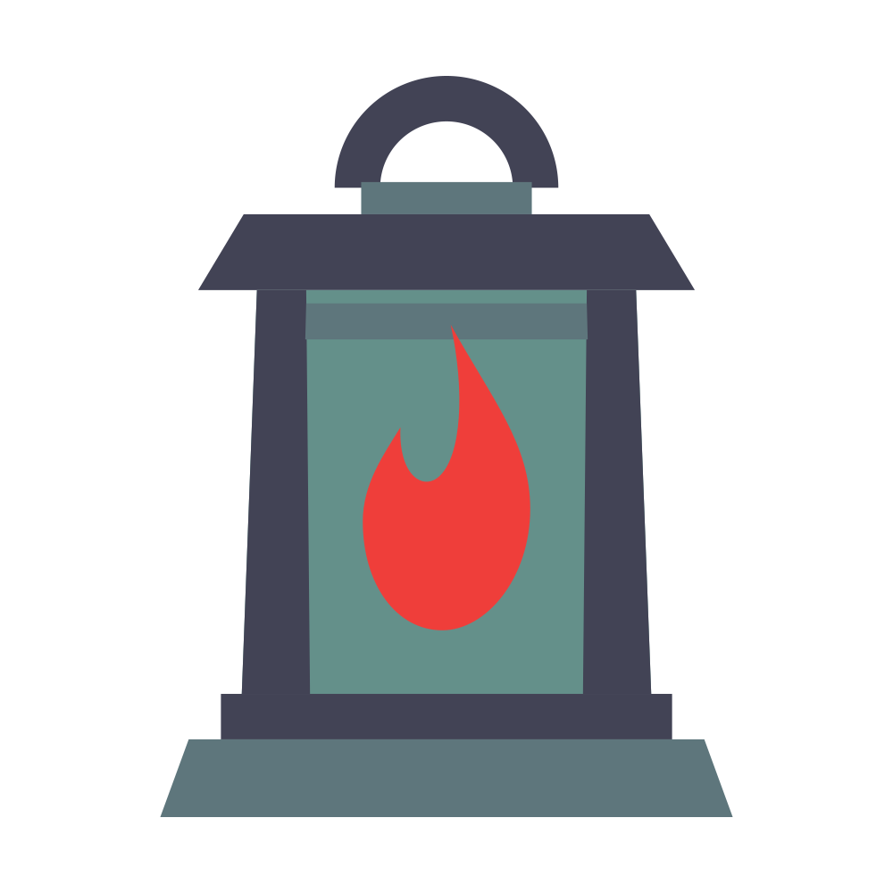 Stylized lantern icon with a red flame on a teal and dark gray base