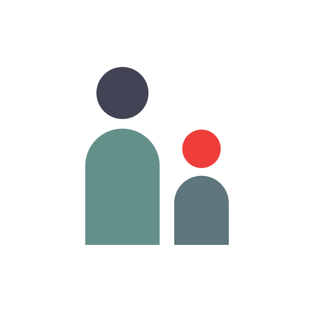 Two abstract person icons, one large teal with dark gray head and one small gray with red head, on white background