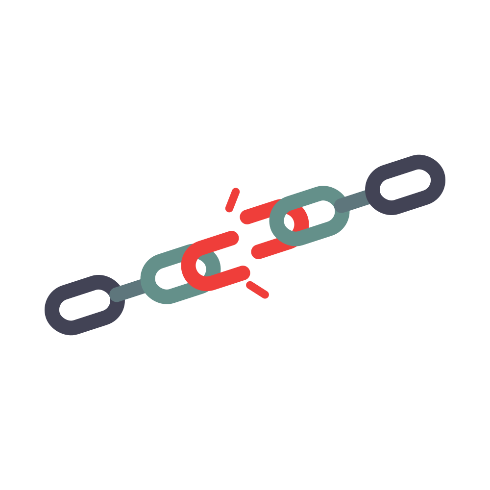 Broken chain icon with one red broken link on a white background