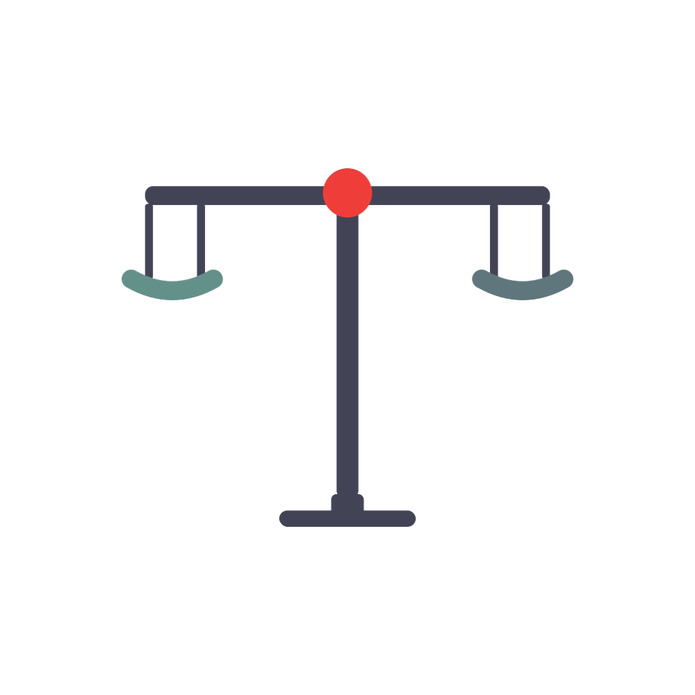 Stylized scales of justice icon with teal pans and a red center on a gray stand