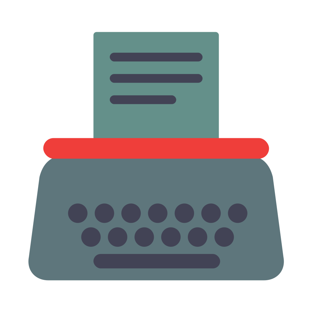 Icon of a teal typewriter with a red paper guide and a sheet of paper loaded