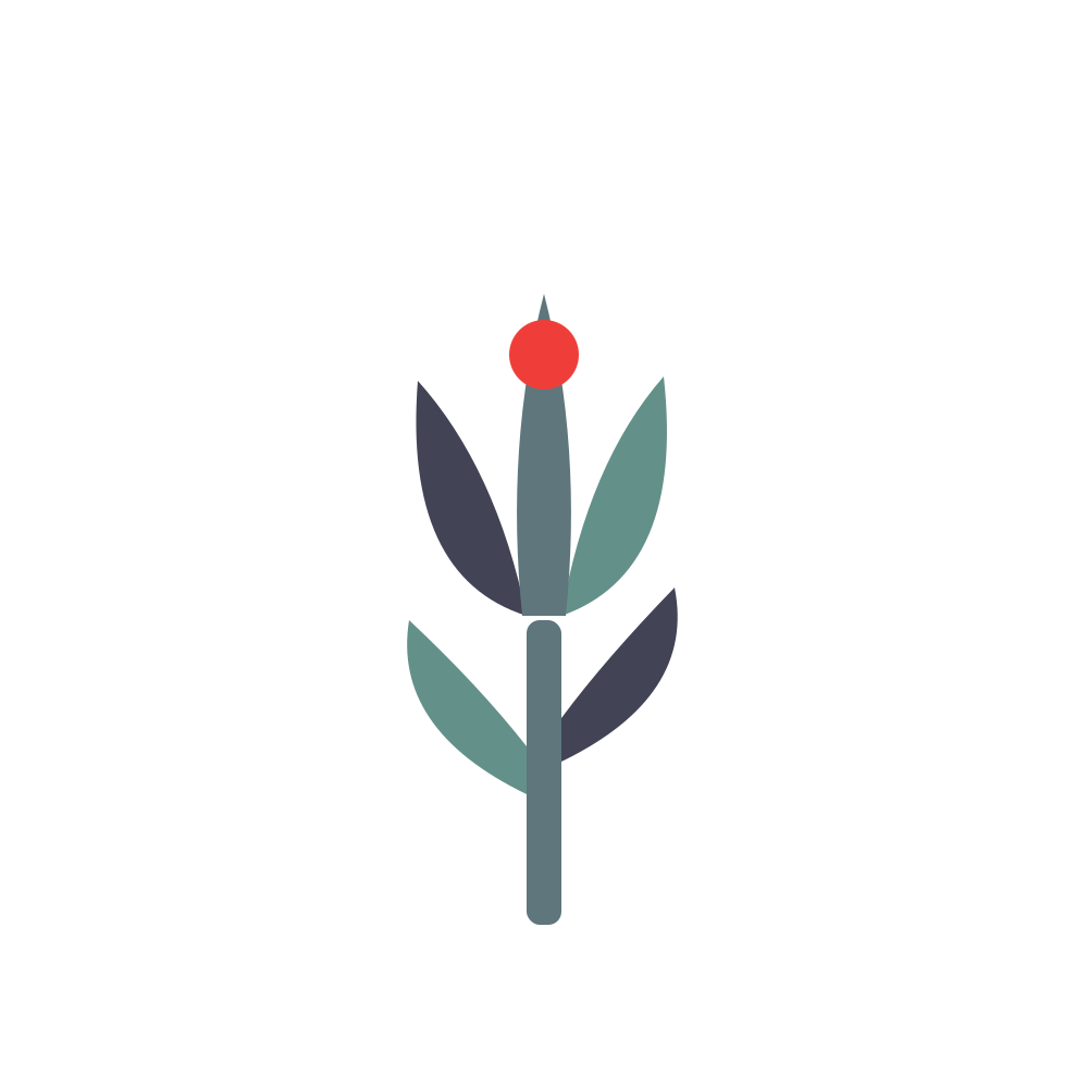 Stylized plant icon with teal and dark gray leaves and a red berry on top