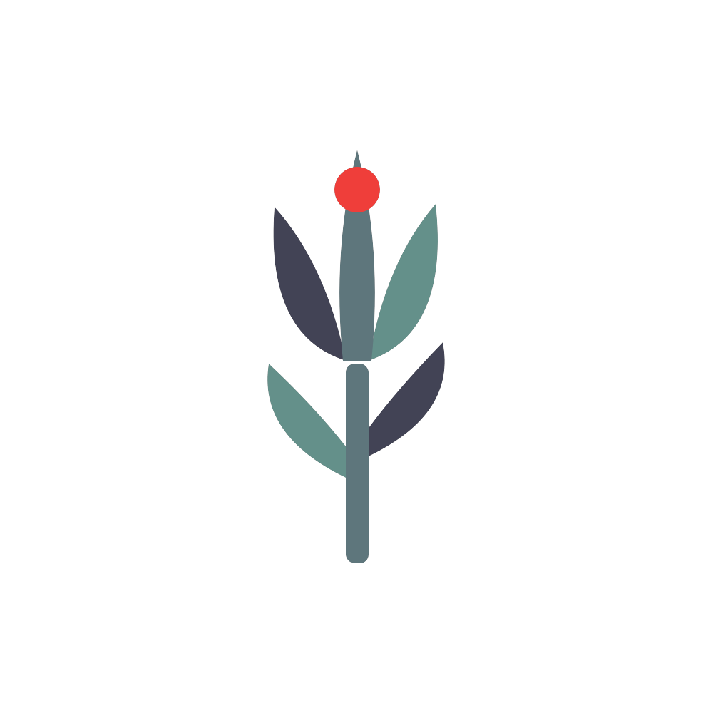 Stylized floral logo with teal, gray, and purple leaves and a red circle on top