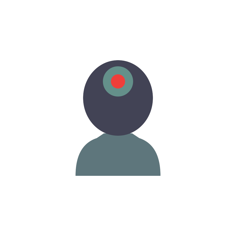 Abstract avatar icon with dark head, teal shoulders, and a red recording dot on the forehead