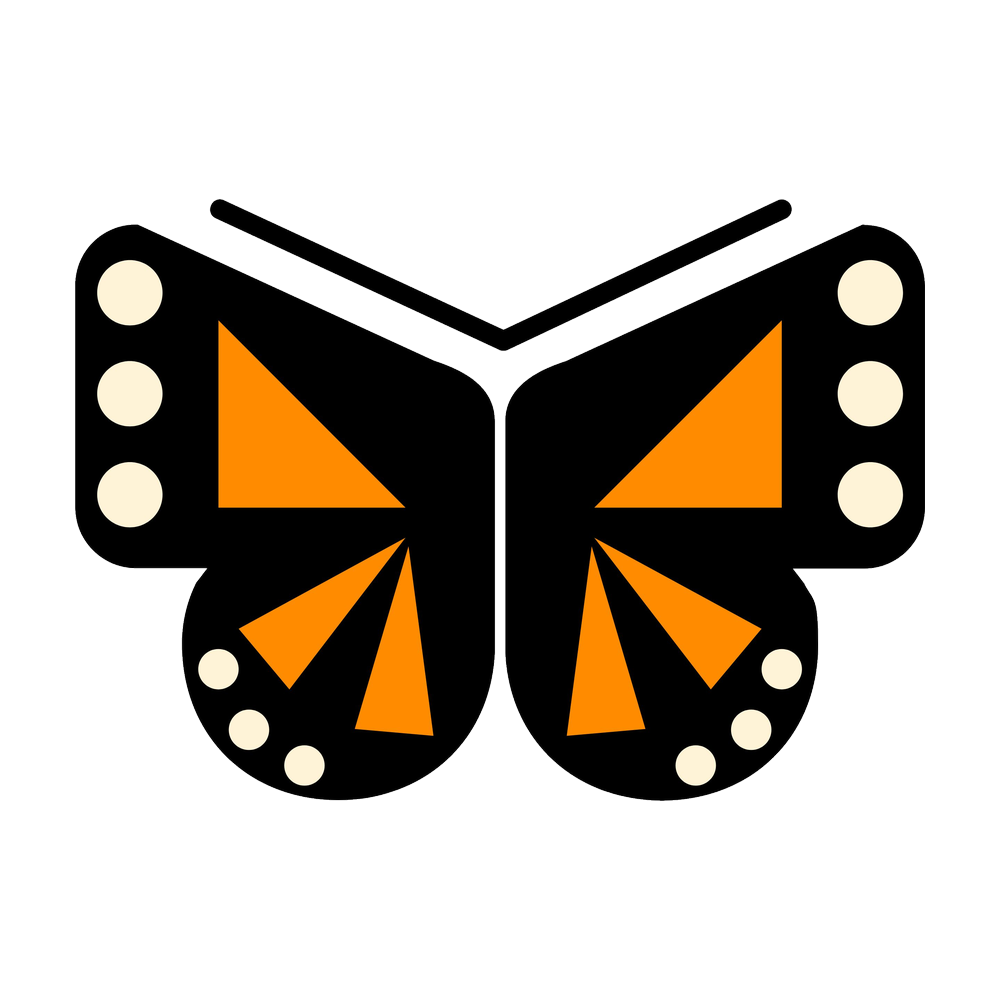 Stylized black butterfly logo with orange wings and white spots on a white background