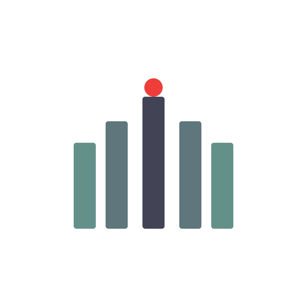 Abstract bar chart icon with five vertical bars in teal, gray, and dark blue, topped by a red dot