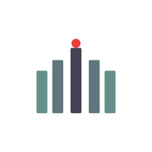 Abstract bar chart icon with five vertical bars and a red dot above the center bar