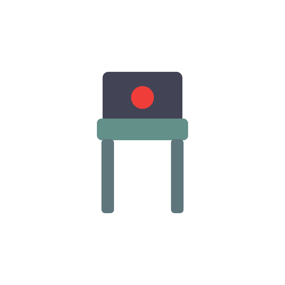 Simple chair icon with dark gray seat, green legs, and a red circular dot on the backrest