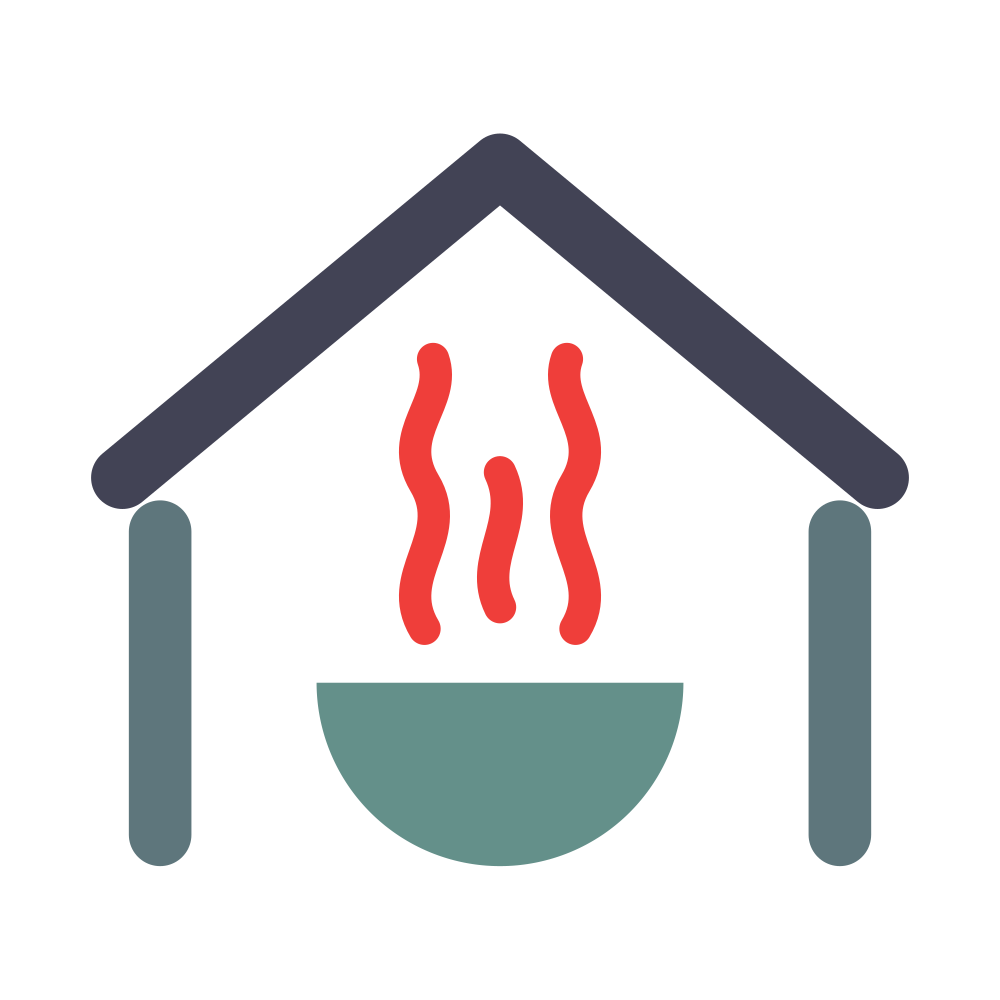 House icon with a steaming bowl and red heat lines in the center